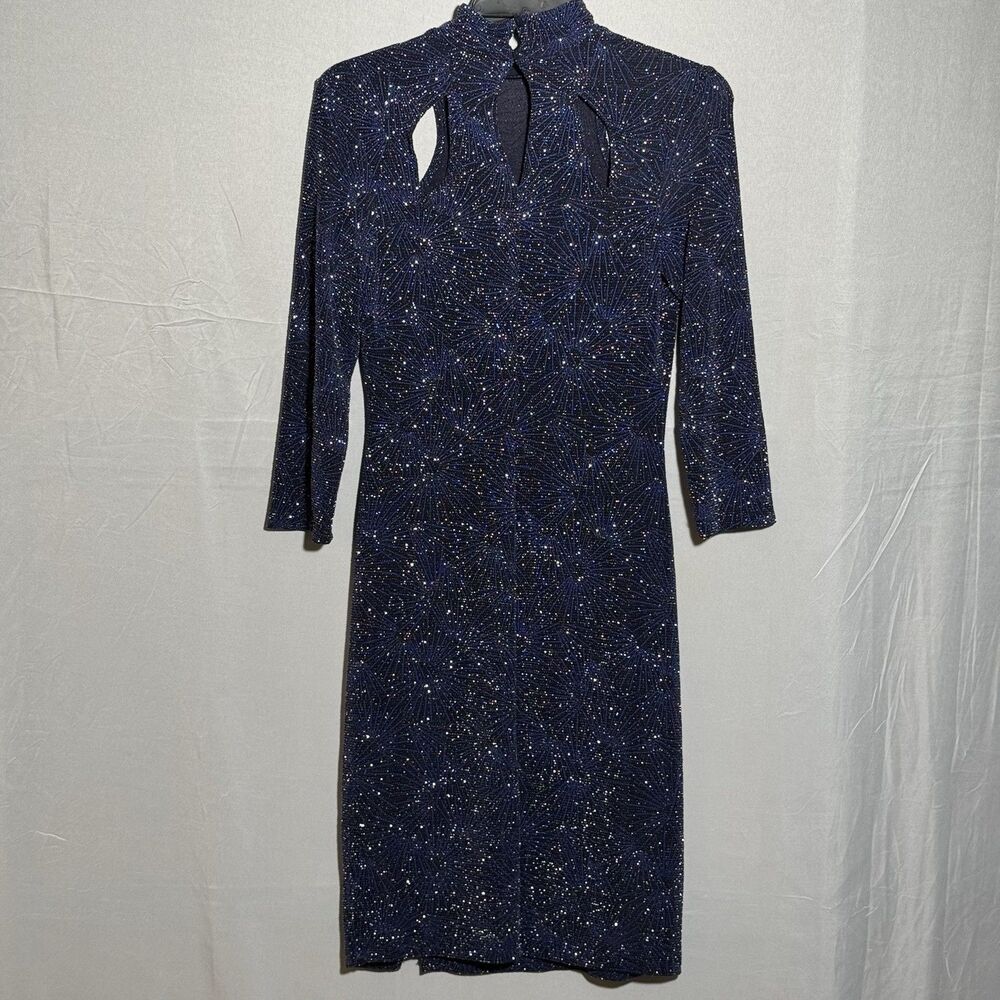 En Focus Studio Womens 4 Navy Blue Glitter Midi Dress Mock Neck Cutout Party